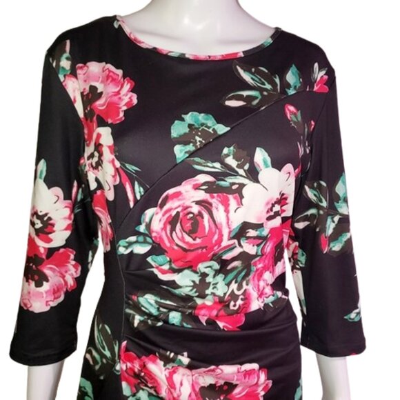 Dark/light pink roses on Black background side ruffle bodycon sexy dress size L - Picture 2 of 9